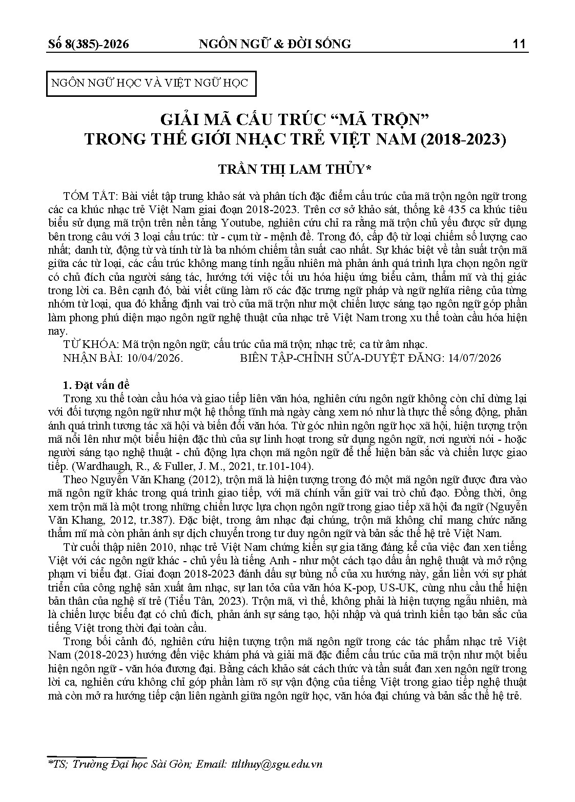GIẢI MÃ CẤU TRÚC “MÃ TRỘN”TRONG THẾ GIỚI NHẠC TRẺ VIỆT NAM (2018-2023)