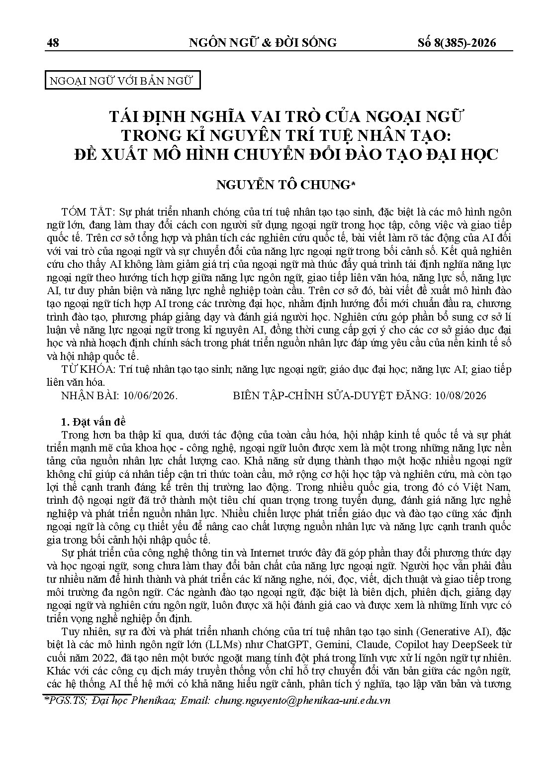 TÁI ĐỊNH NGHĨA VAI TRÒ CỦA NGOẠI NGỮ TRONG KỈ NGUYÊN TRÍ TUỆ NHÂN TẠO:ĐỀ XUẤT MÔ HÌNH CHUYỂN ĐỔI ĐÀO TẠO ĐẠI HỌC