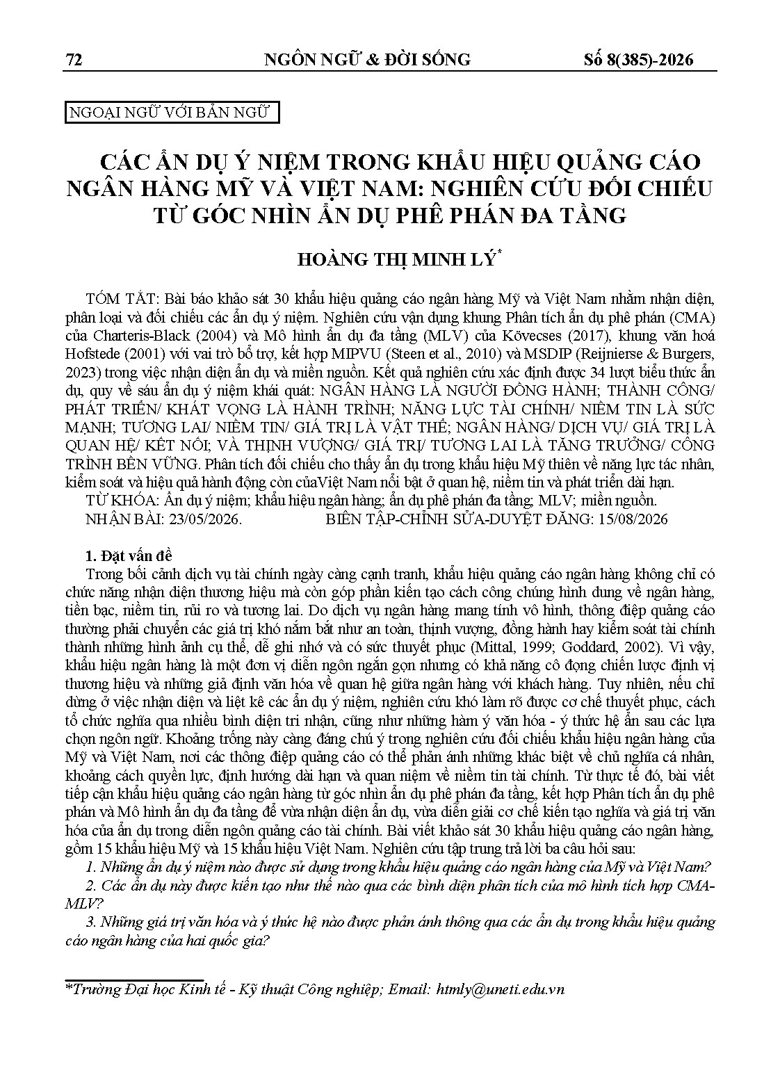 CÁC ẨN DỤ Ý NIỆM TRONG KHẨU HIỆU QUẢNG CÁO NGÂN HÀNG MỸ VÀ VIỆT NAM: NGHIÊN CỨU ĐỐI CHIẾUTỪ GÓC NHÌN ẨN DỤ PHÊ PHÁN ĐA TẦNG