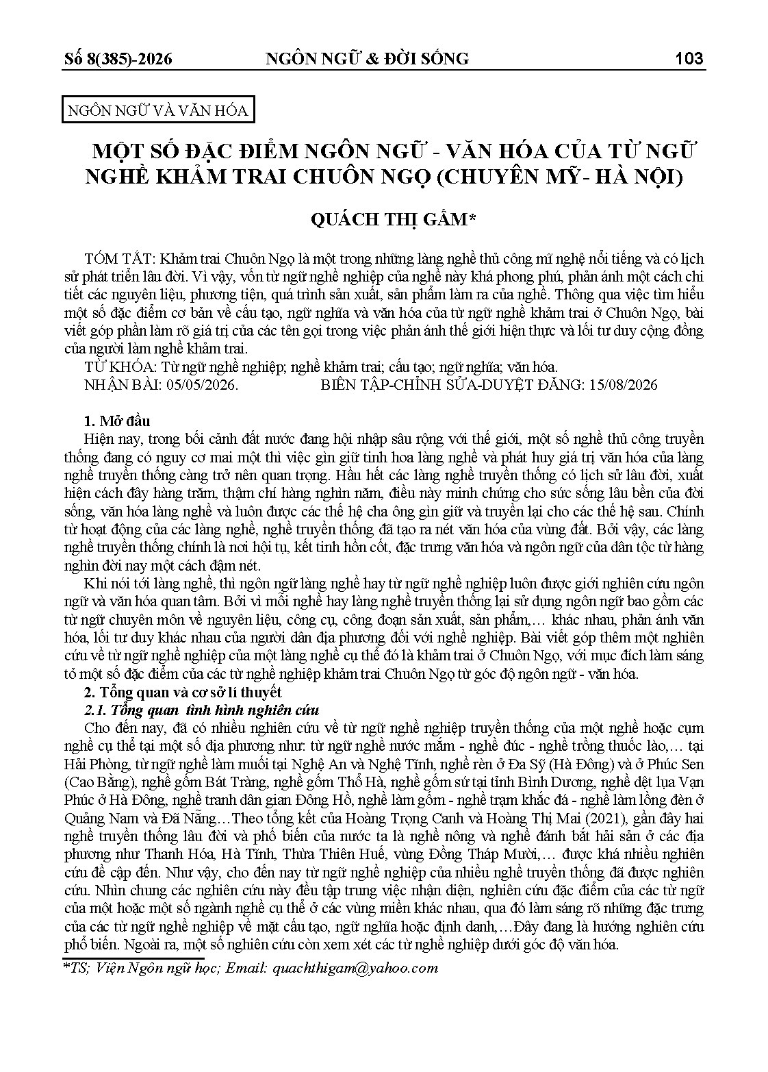 MỘT SỐ ĐẶC ĐIỂM NGÔN NGỮ - VĂN HÓA CỦA TỪ NGỮ NGHỀ KHẢM TRAI CHUÔN NGỌ (CHUYÊN MỸ- HÀ NỘI)
