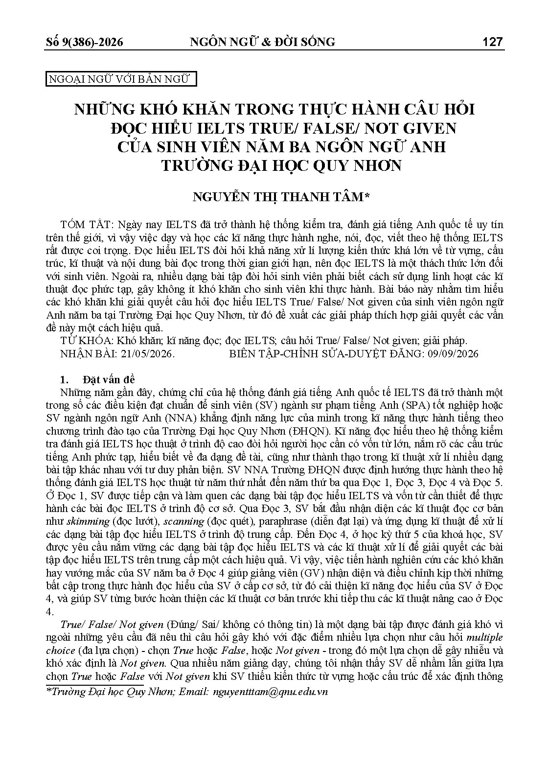 NHỮNG KHÓ KHĂN TRONG THỰC HÀNH CÂU HỎI ĐỌC HIỂU IELTS TRUE/ FALSE/ NOT GIVEN CỦA SINH VIÊN NĂM BA NGÔN NGỮ ANH TRƯỜNG ĐẠI HỌC QUY NHƠN