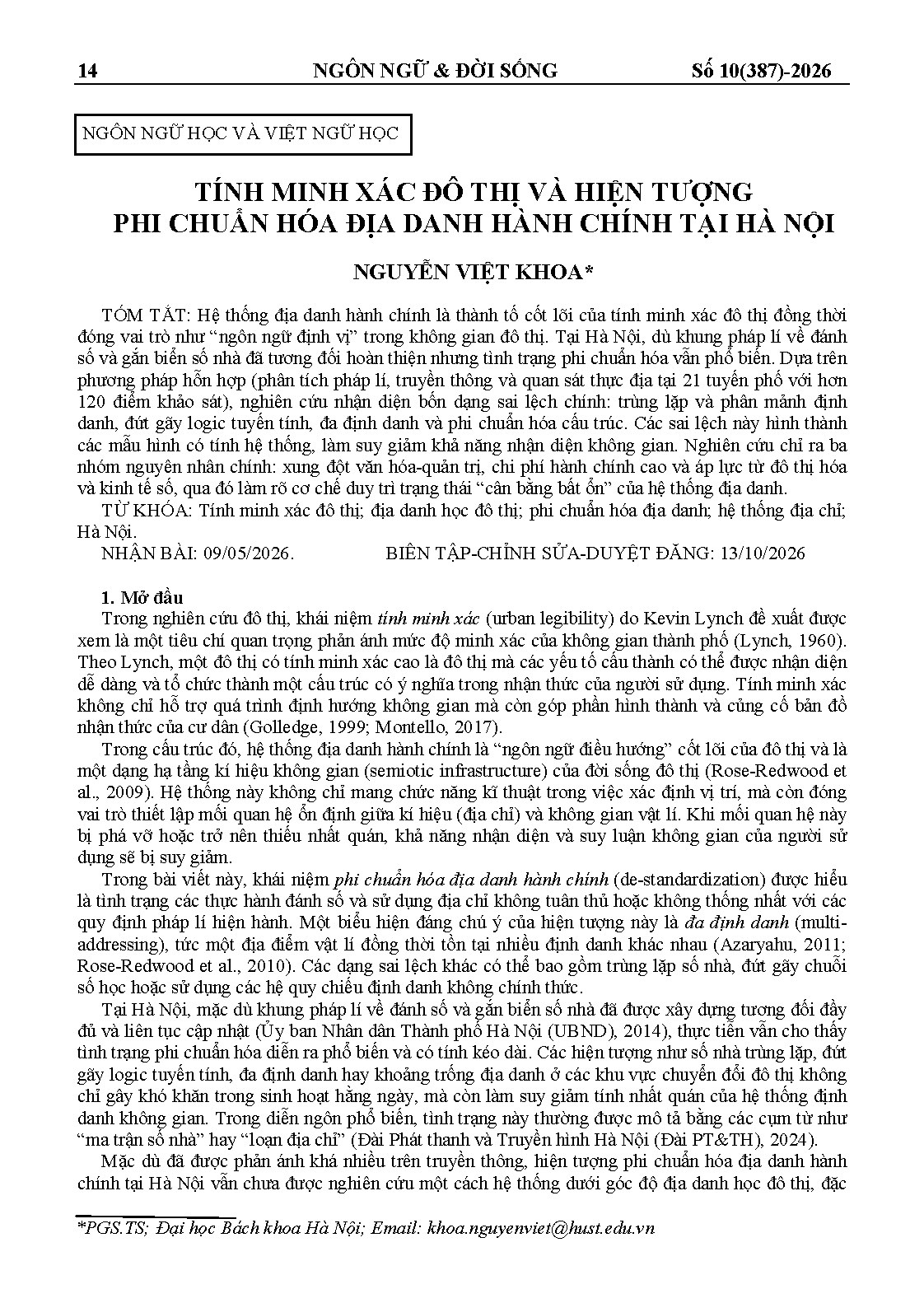 TÍNH MINH XÁC ĐÔ THỊ VÀ HIỆN TƯỢNG PHI CHUẨN HÓA ĐỊA DANH HÀNH CHÍNH TẠI HÀ NỘI