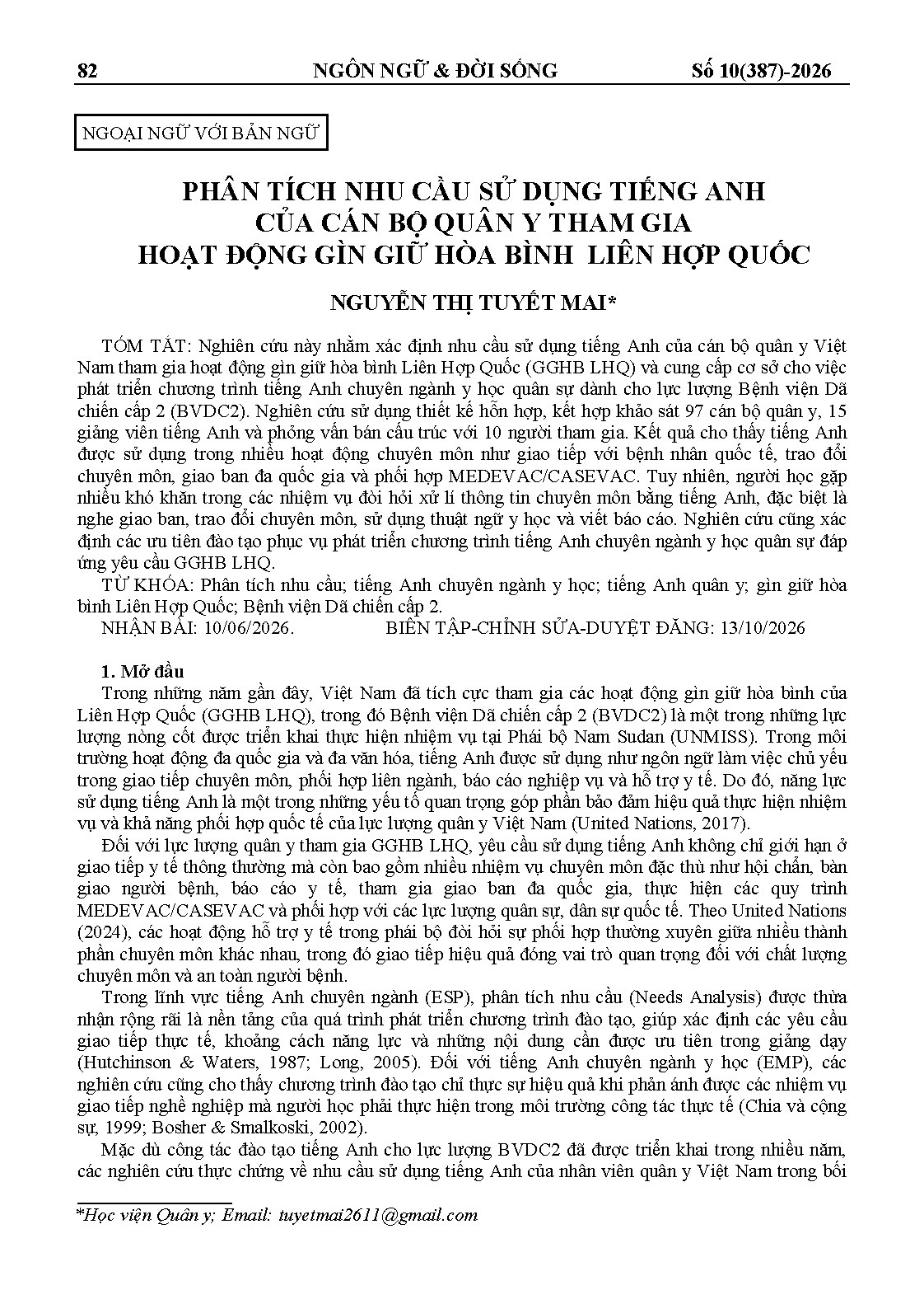 PHÂN TÍCH NHU CẦU SỬ DỤNG TIẾNG ANH CỦA CÁN BỘ QUÂN Y THAM GIA HOẠT ĐỘNG GÌN GIỮ HÒA BÌNH LIÊN HỢP QUỐC