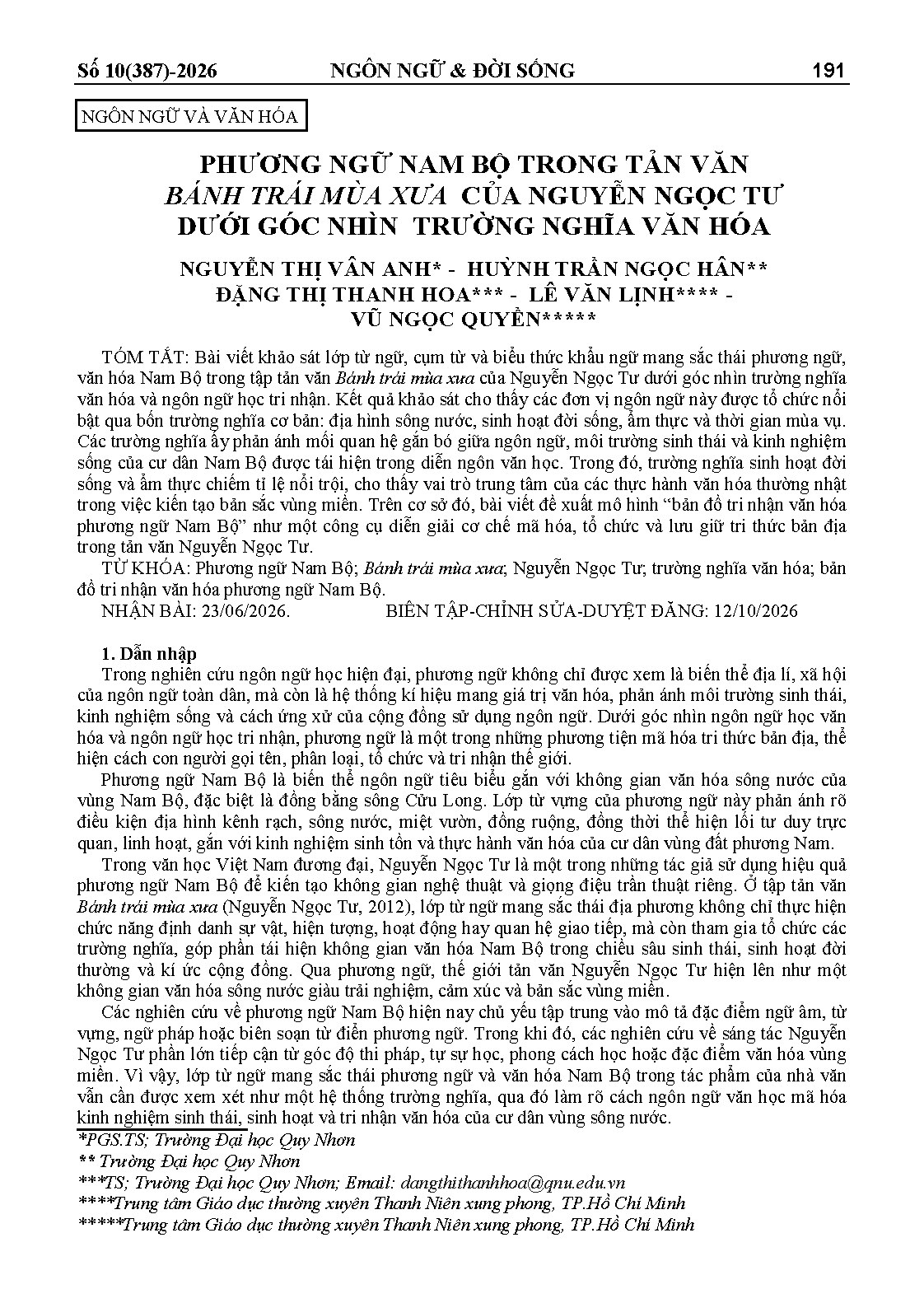 PHƯƠNG NGỮ NAM BỘ TRONG TẢN VĂN BÁNH TRÁI MÙA XƯA CỦA NGUYỄN NGỌC TƯ DƯỚI GÓC NHÌN TRƯỜNG NGHĨA VĂN HÓA